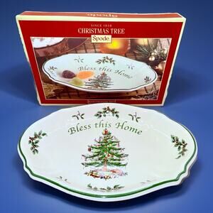 SPODE Serving Tray Oval Dish Christmas Tree Bless this Home Holly S3324-A13 NIB
